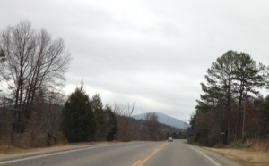 A mountain looming in the distance.